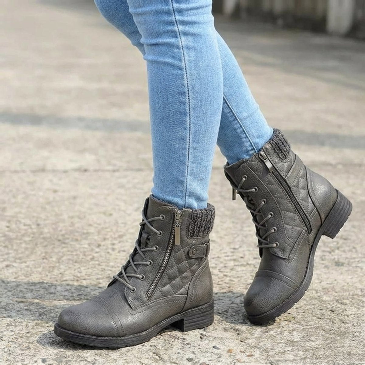 Women's Boots Quilted Faux Leather Lace-Up Side-Zip Ankle Boots