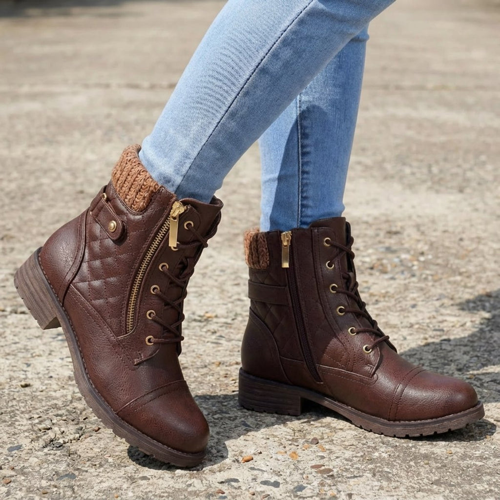 Women's Boots Quilted Faux Leather Lace-Up Side-Zip Ankle Boots - Dark Brown