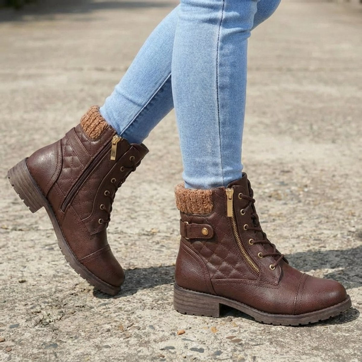 Women's Boots Quilted Faux Leather Lace-Up Side-Zip Ankle Boots