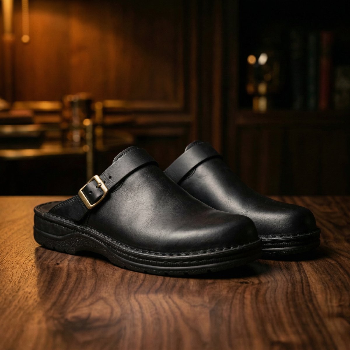 Women's Boots Style Leather Slip-On Clogs - Black