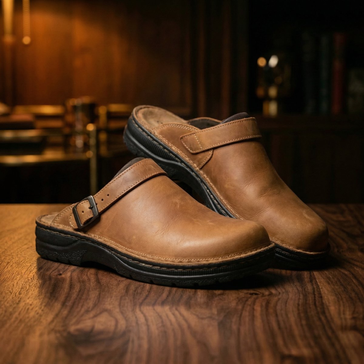 Women's Boots Style Leather Slip-On Clogs - Brown