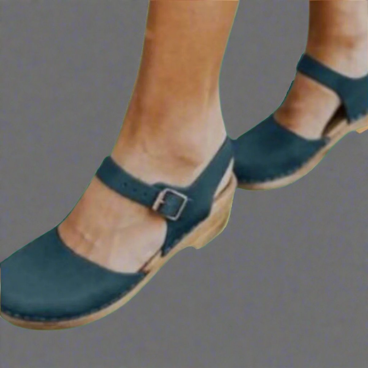 Women's Comfortable Sandals Leather Ankle-Strap Wooden Platform Clogs - Blue