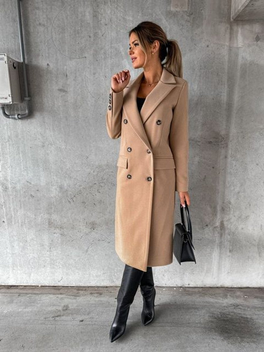 Women's Double-Breasted Long Polyester Overcoat - Khaki