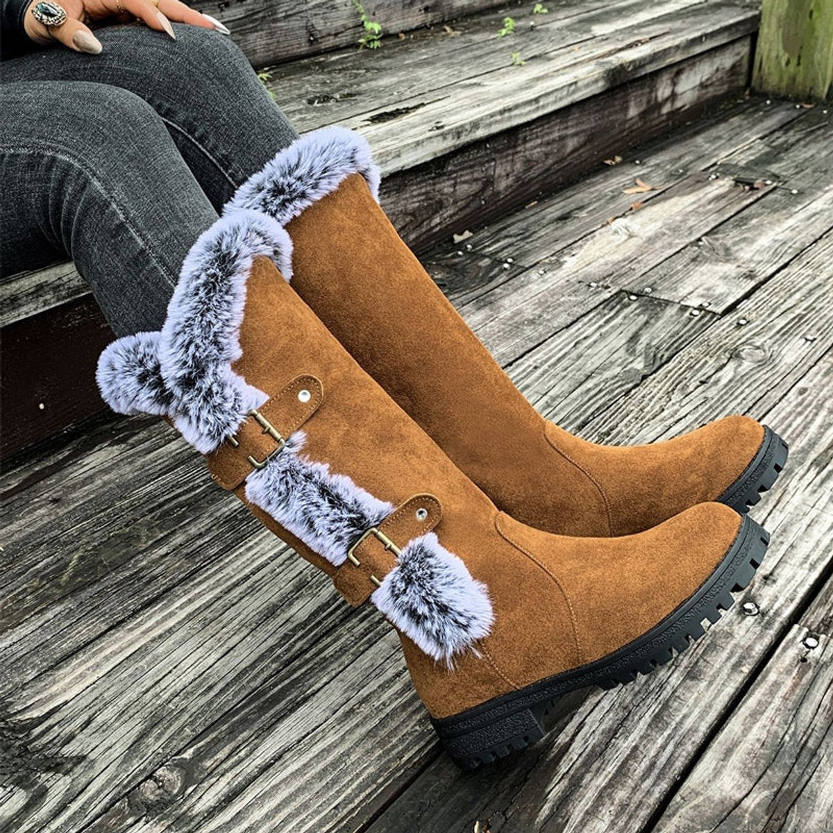 Women's Faux-Fur Trim Buckle Suede Knee High Boots