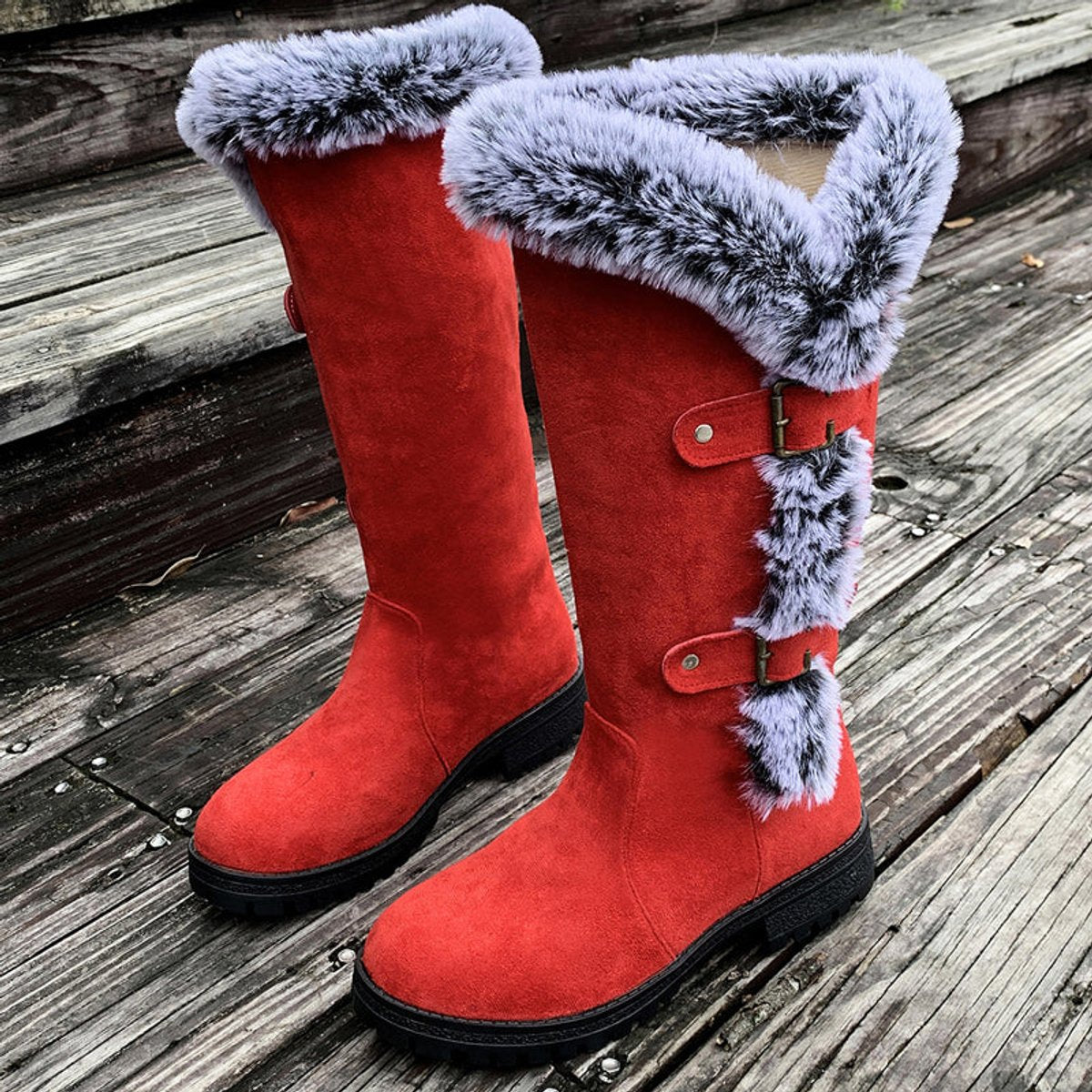 Women's Faux-Fur Trim Buckle Suede Knee High Boots - Red