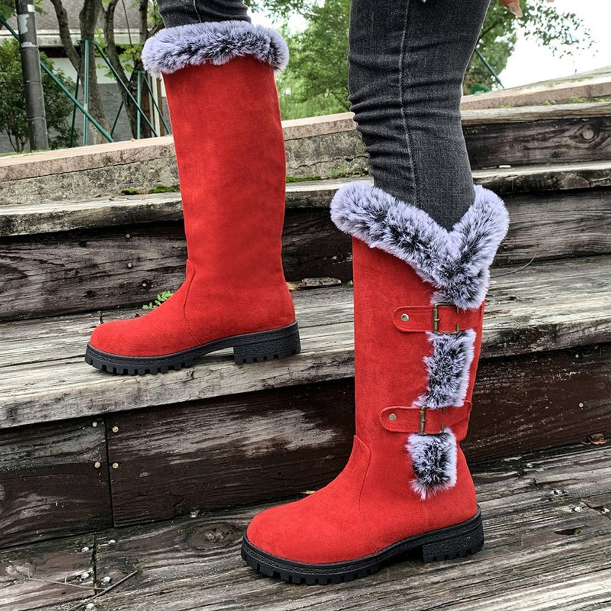 Women's Faux-Fur Trim Buckle Suede Knee High Boots
