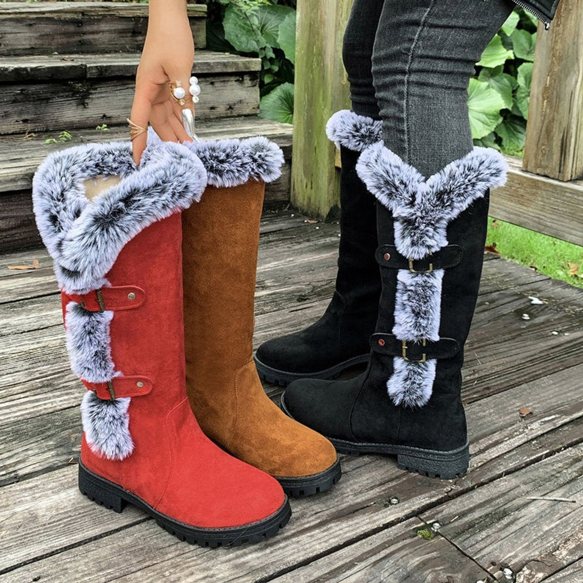Women's Faux-Fur Trim Buckle Suede Knee High Boots