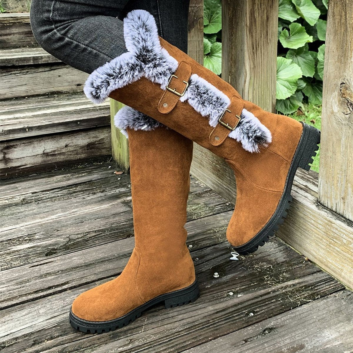 Women's Faux-Fur Trim Buckle Suede Knee High Boots - Light Brown