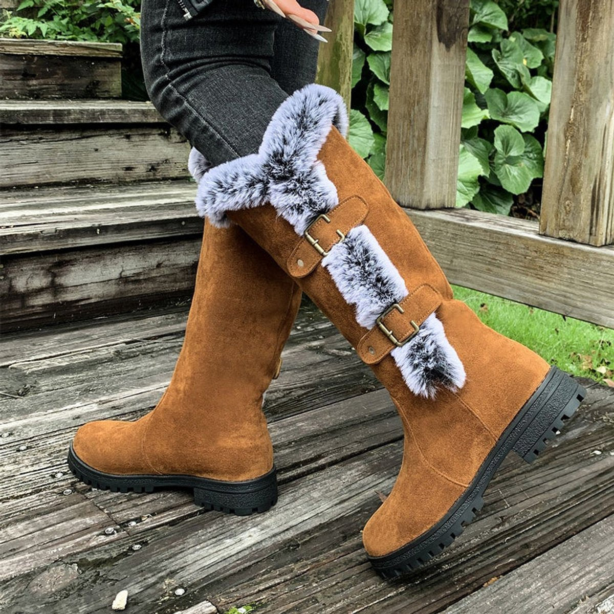 Women's Faux-Fur Trim Buckle Suede Knee High Boots