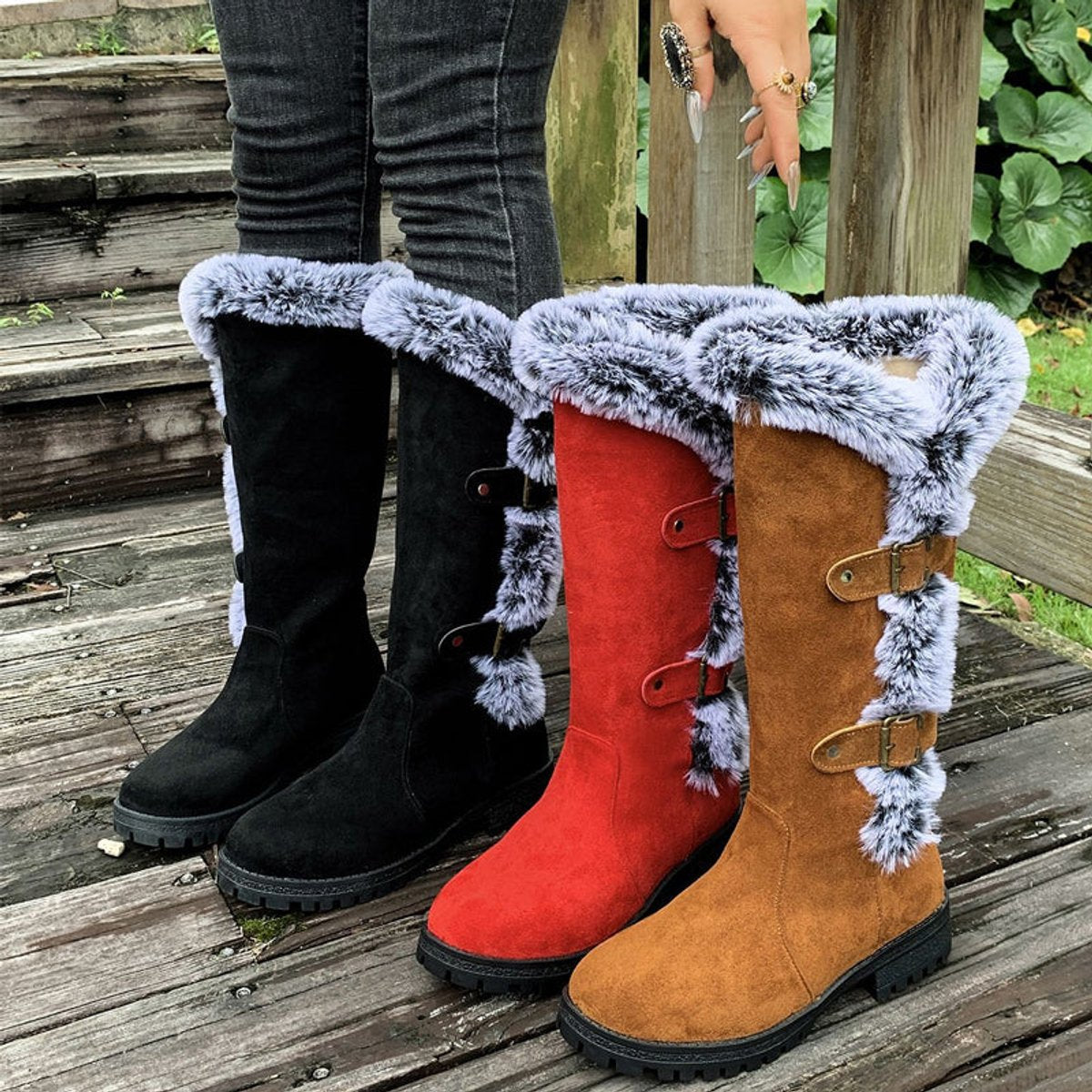 Women's Faux-Fur Trim Buckle Suede Knee High Boots