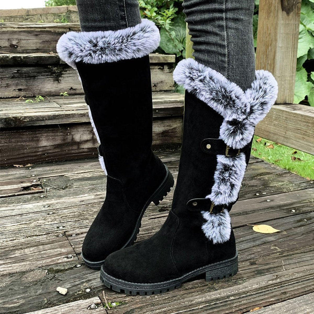 Women's Faux-Fur Trim Buckle Suede Knee High Boots - Black
