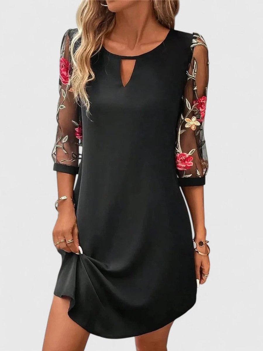 Women's Floral Embroidered Mesh-Sleeve Mini Shift Dress - Black