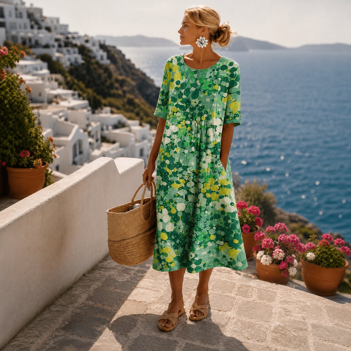 Women's Floral Print Short Sleeve Loose Midi Dress - Green