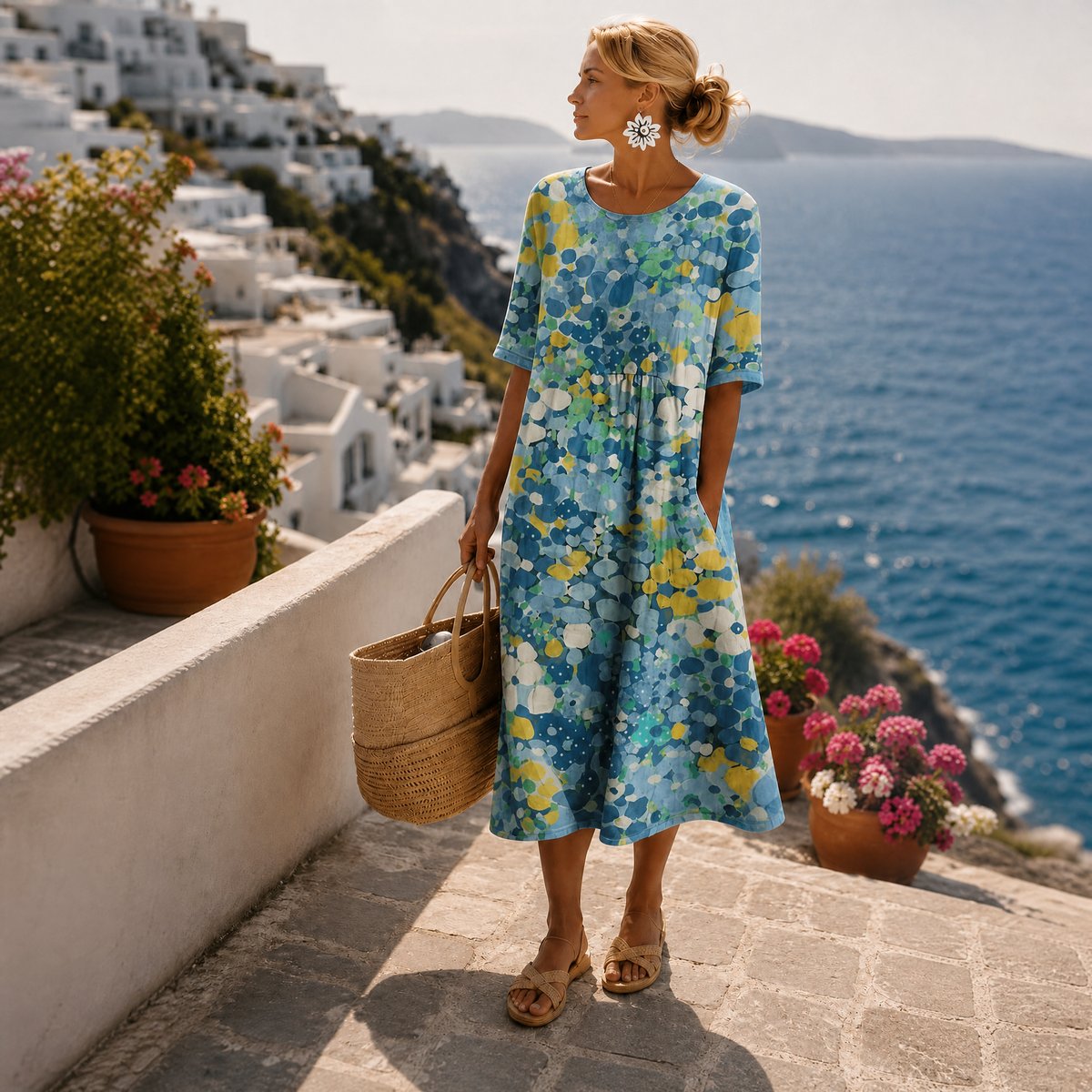 Women's Floral Print Short Sleeve Loose Midi Dress - Blue