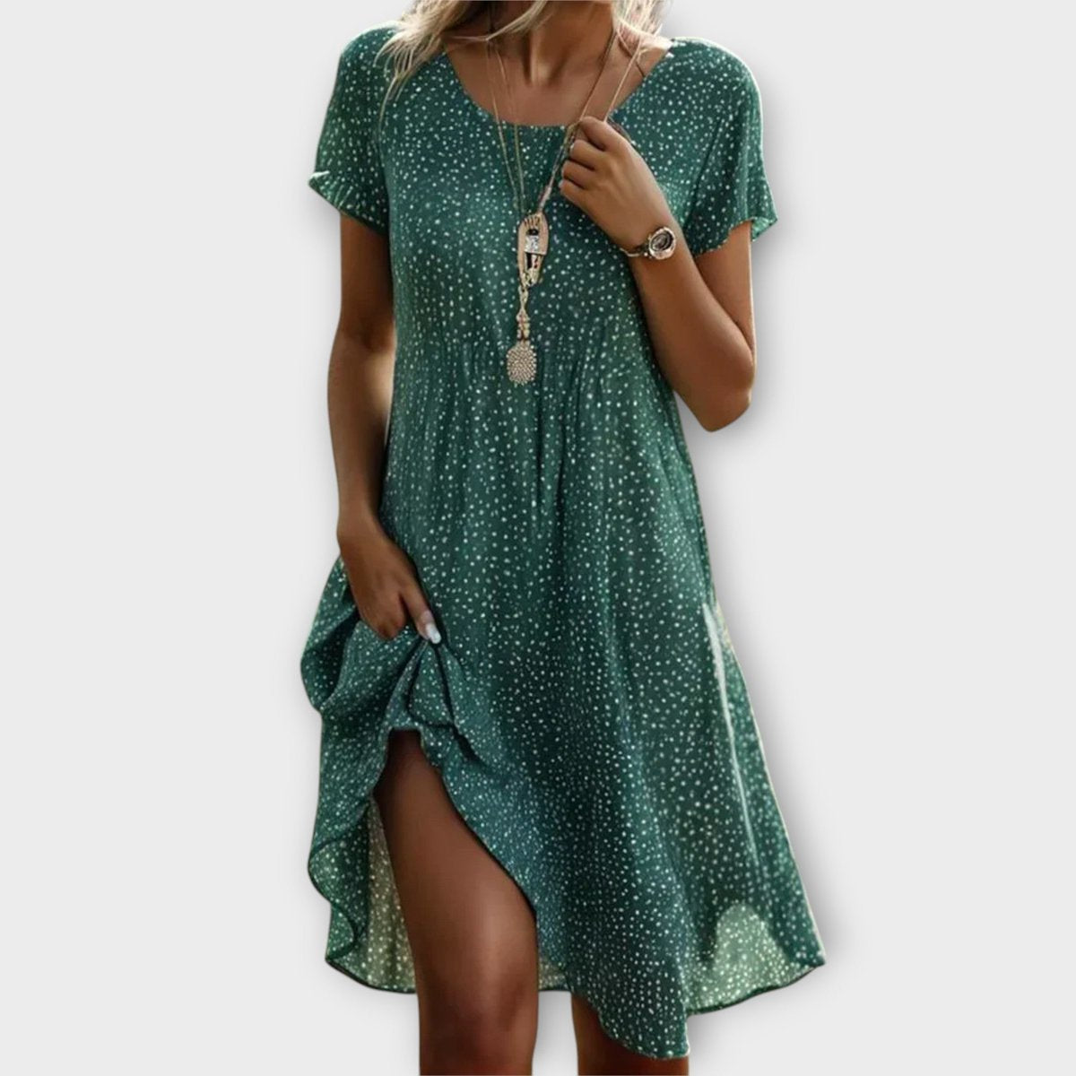 Women's Flowy Polka Dot Short Sleeve A-Line Midi Dress