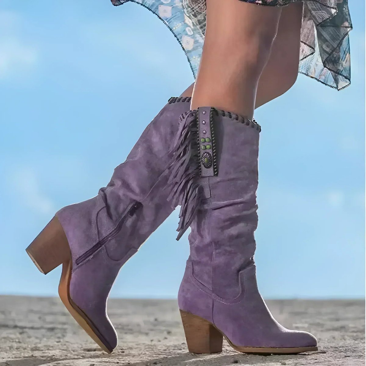 Women's Fringe Suede Knee High Boots Block Heel Western Cowboy - Purple