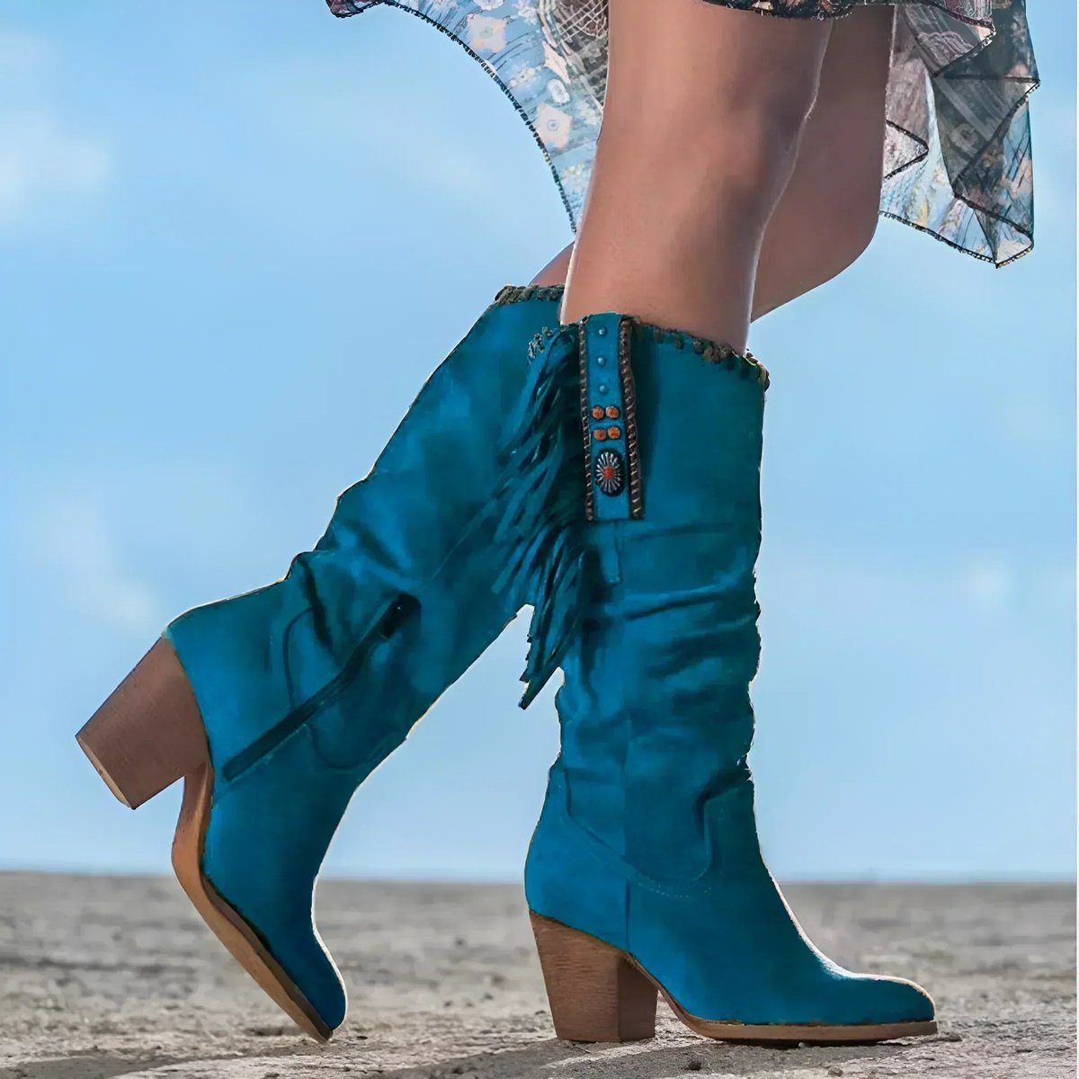 Women's Fringe Suede Knee High Boots Block Heel Western Cowboy - Blue