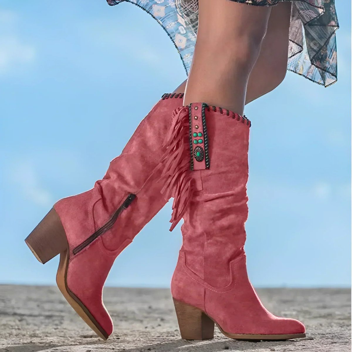 Women's Fringe Suede Knee High Boots Block Heel Western Cowboy - Red