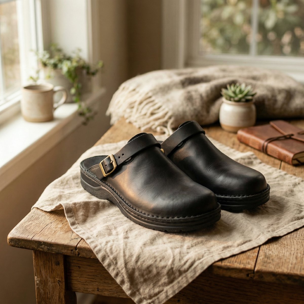 Women's Full-Grain Leather Slip-On Clogs Boots - Black