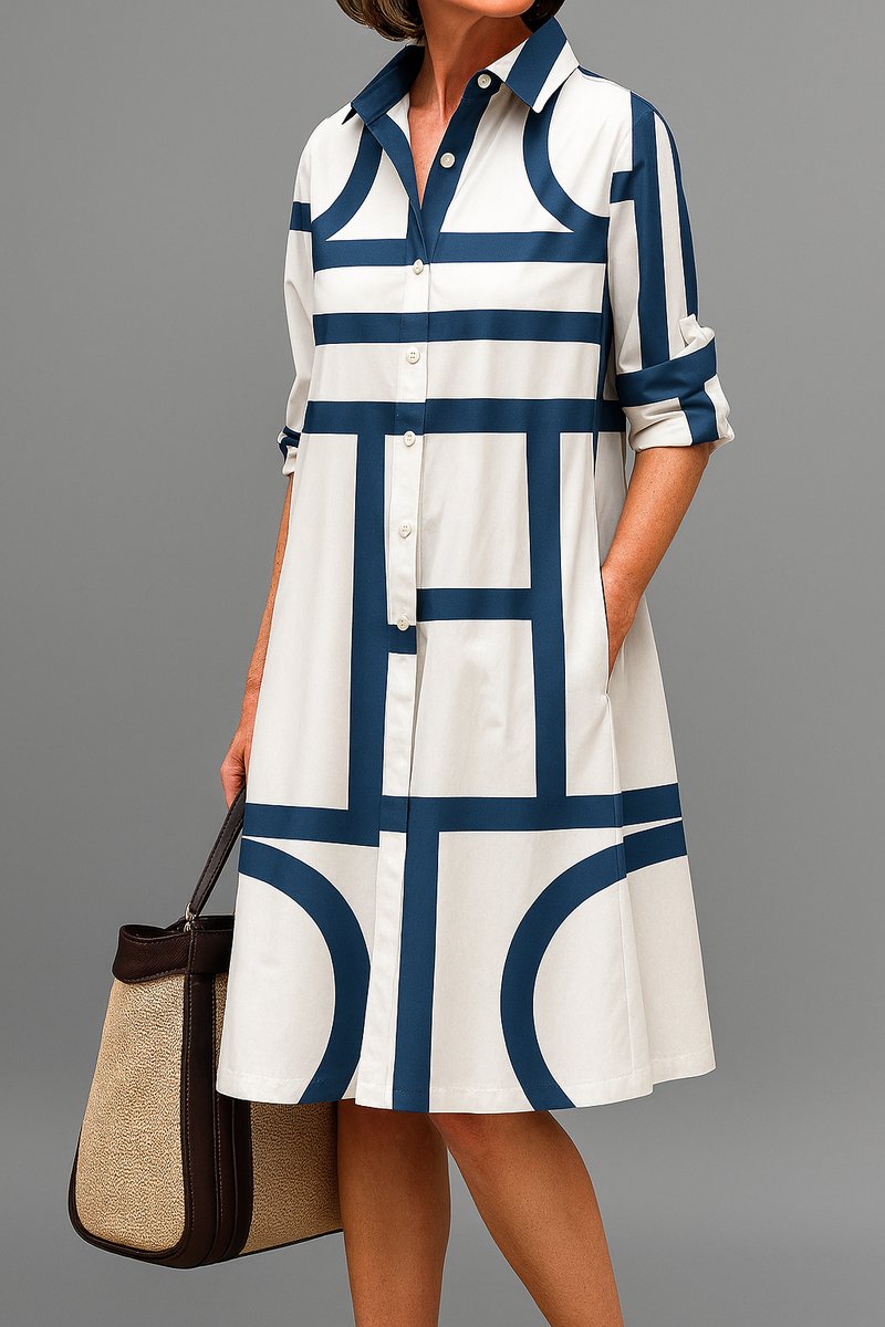 Women's Geometric Print Button-Down Midi Cocktail Dress - White Blue