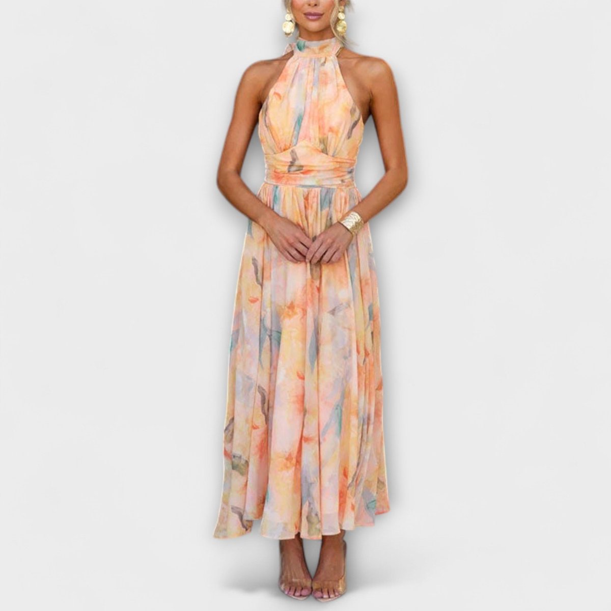 Women's Halter-Neck Watercolor Print Flowing Maxi Dress