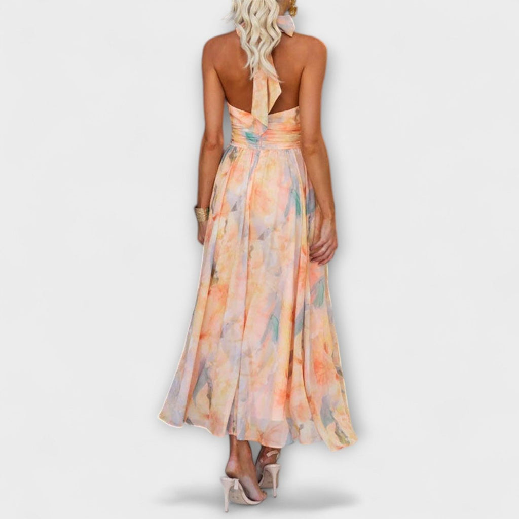 Women's Halter-Neck Watercolor Print Flowing Maxi Dress