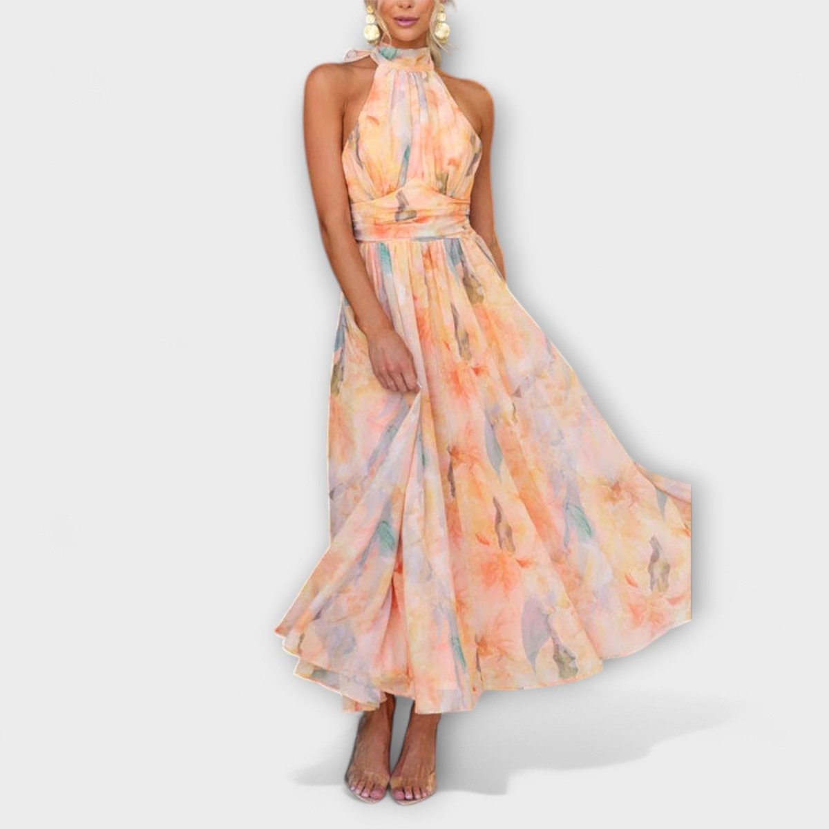 Women's Halter-Neck Watercolor Print Flowing Maxi Dress