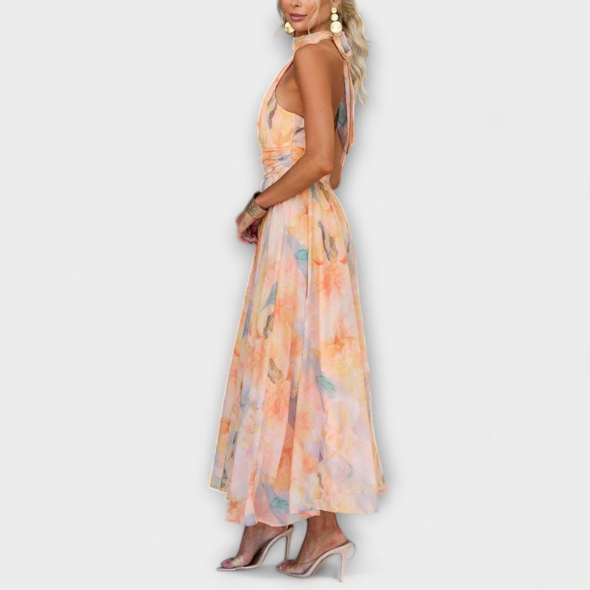 Women's Halter-Neck Watercolor Print Flowing Maxi Dress