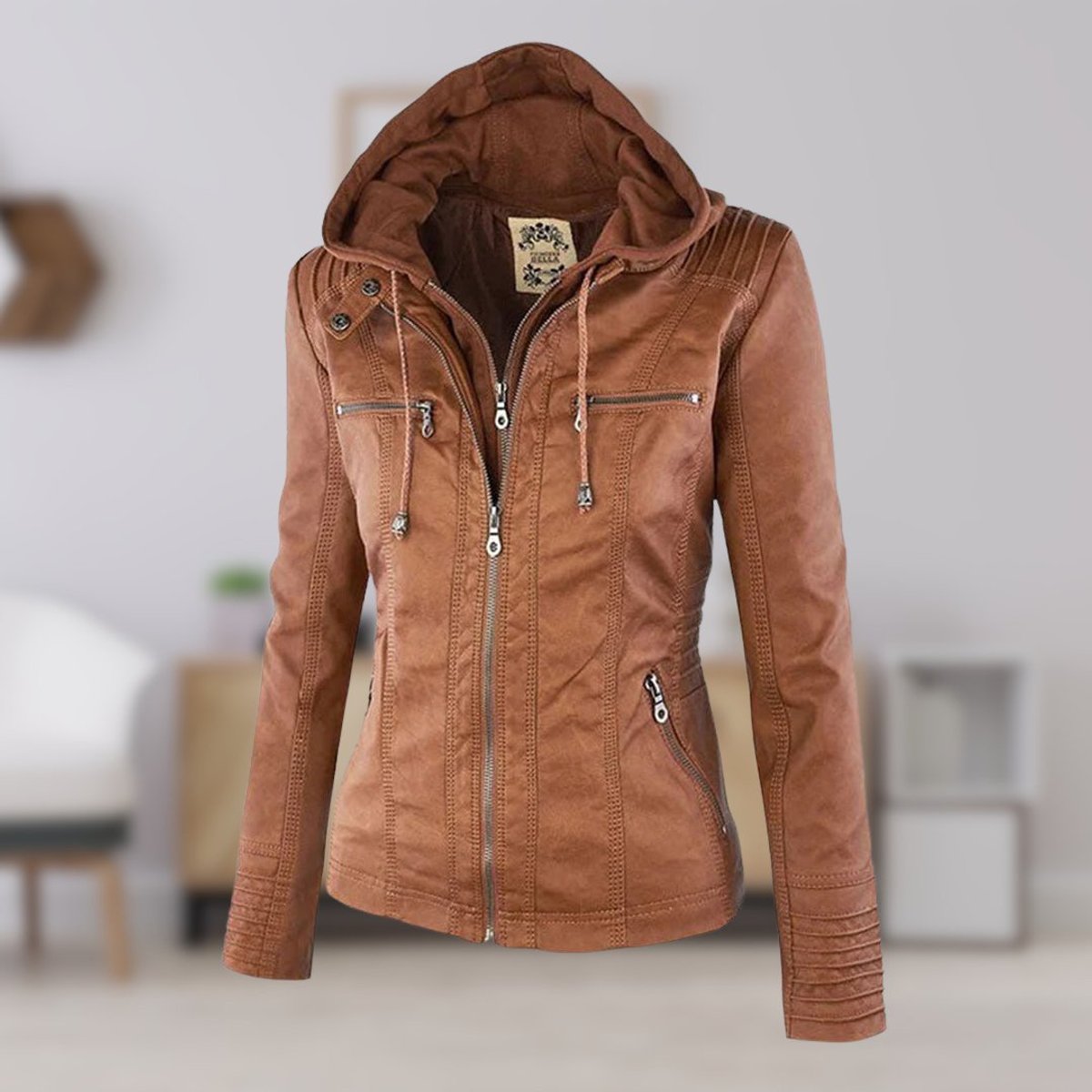 Women's Hooded Faux Leather Moto Coat Zip-Up Biker Jacket - Khaki