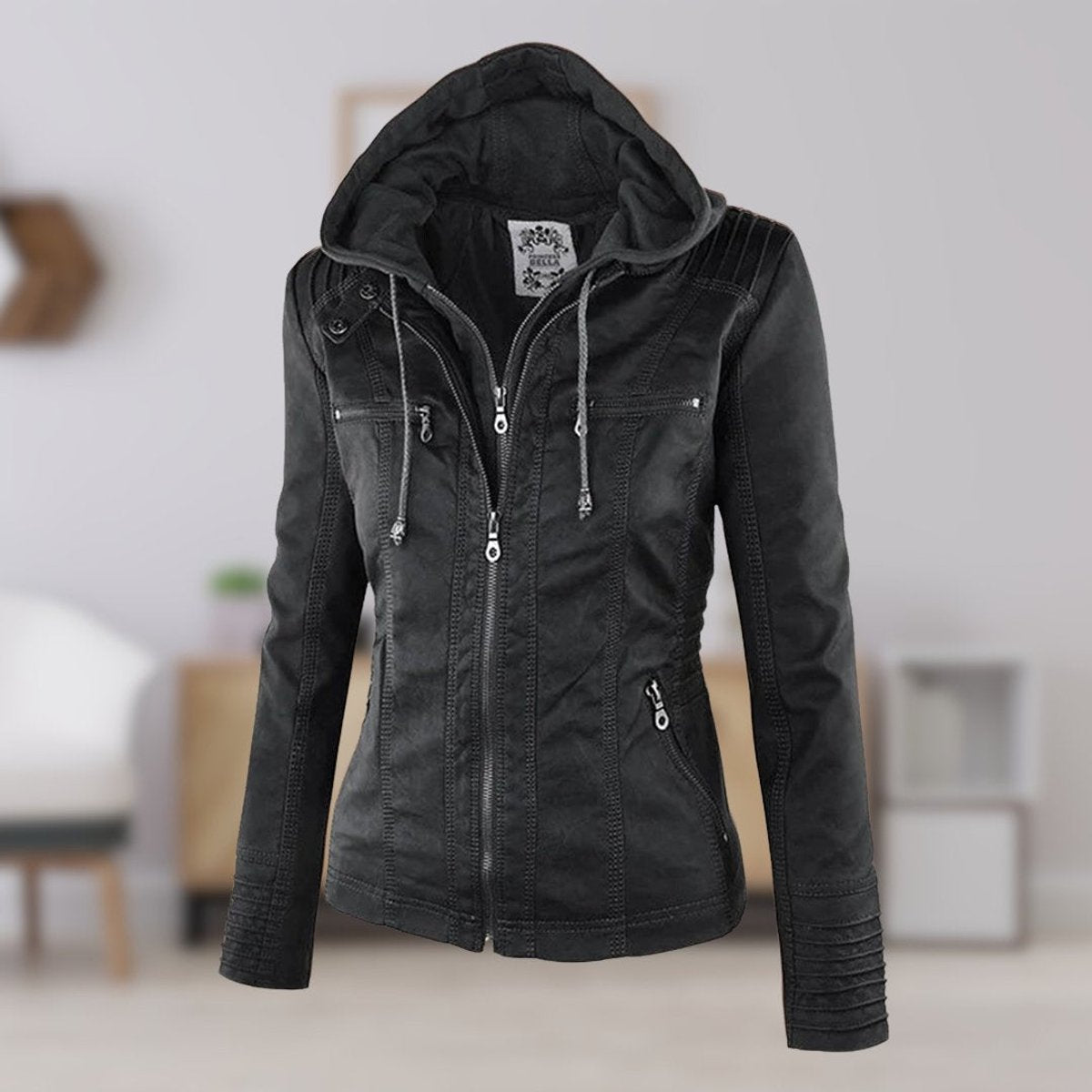 Women's Hooded Faux Leather Moto Coat Zip-Up Biker Jacket - Black