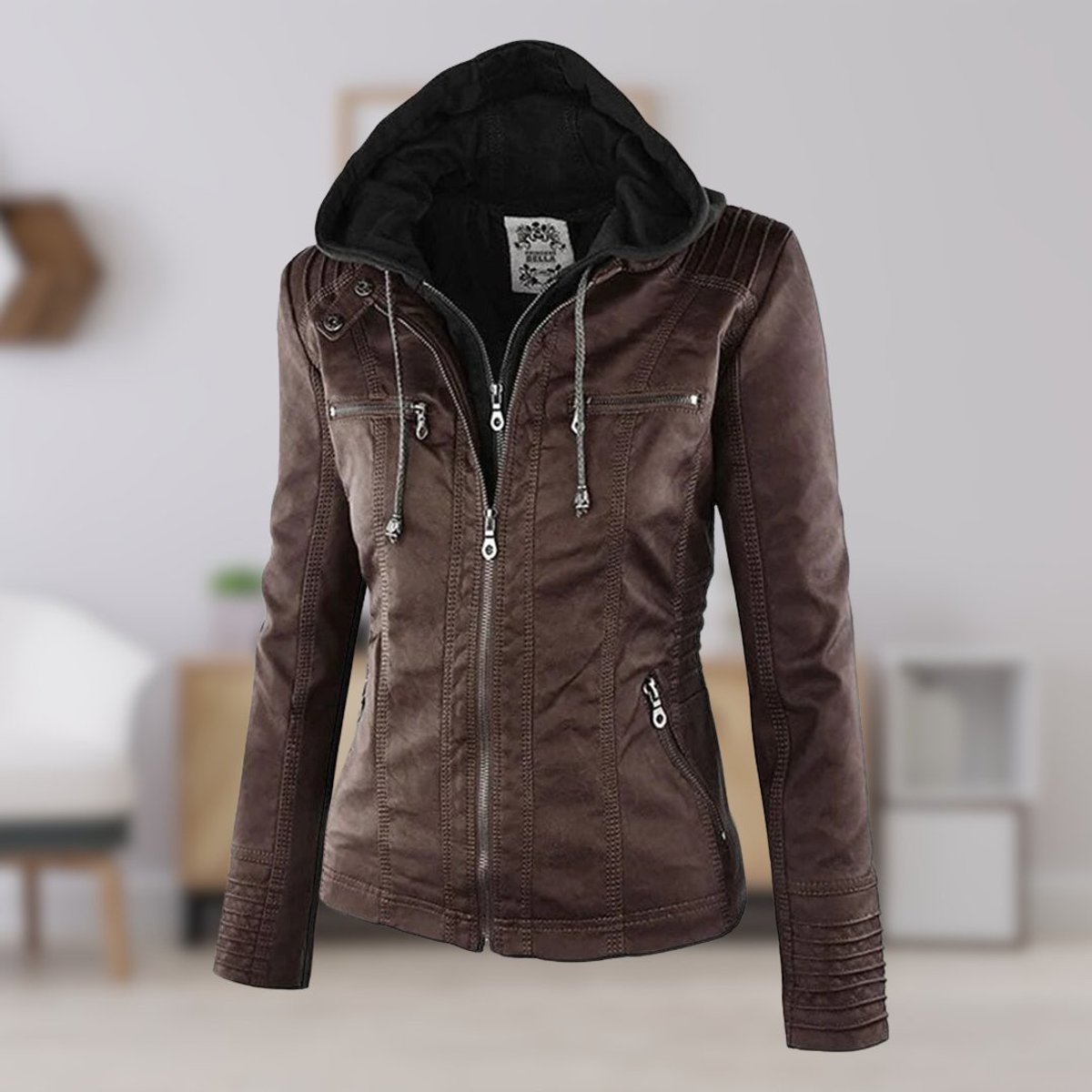 Women's Hooded Faux Leather Moto Coat Zip-Up Biker Jacket - Brown