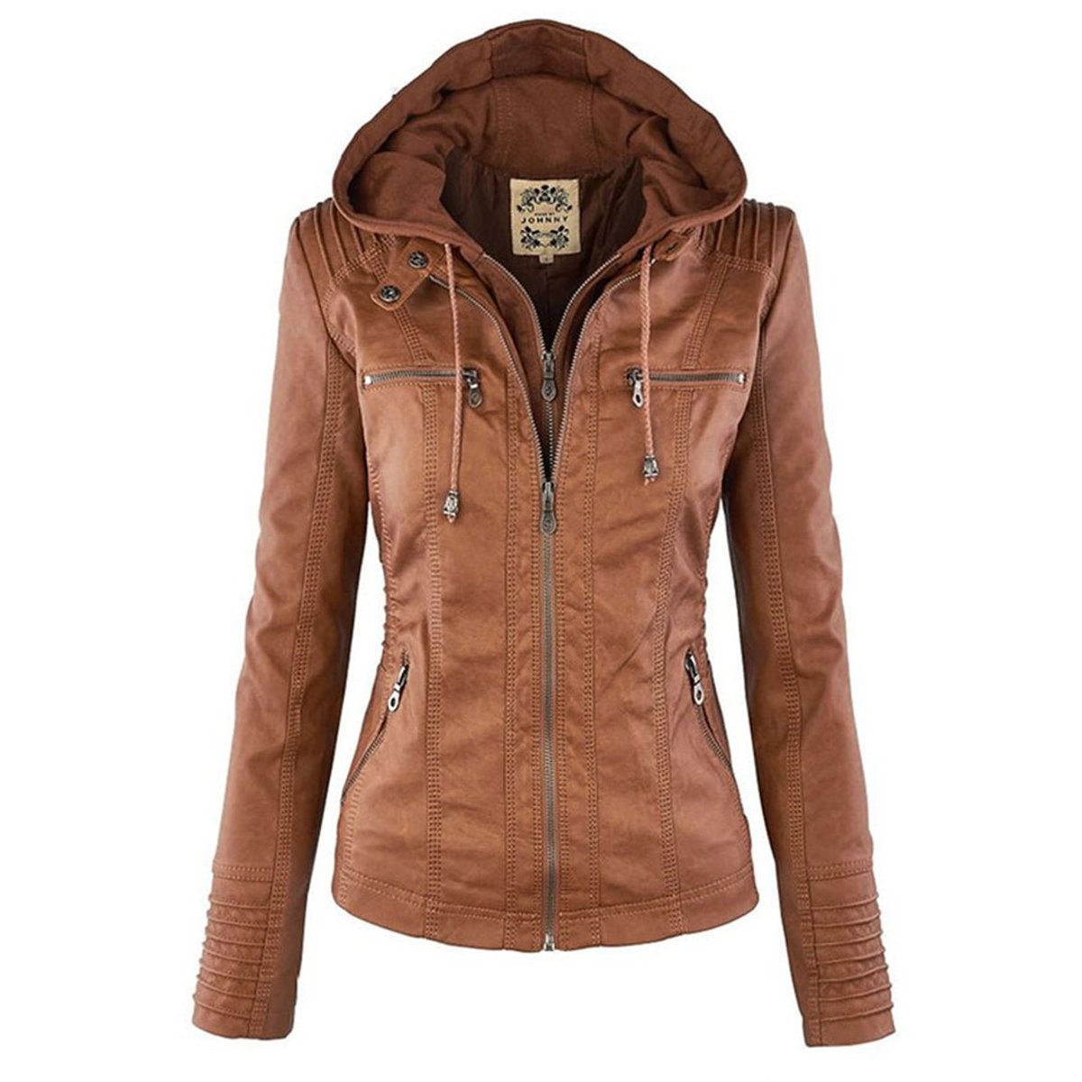 Women's Hooded Faux Leather Moto Coat Zip-Up Biker Jacket