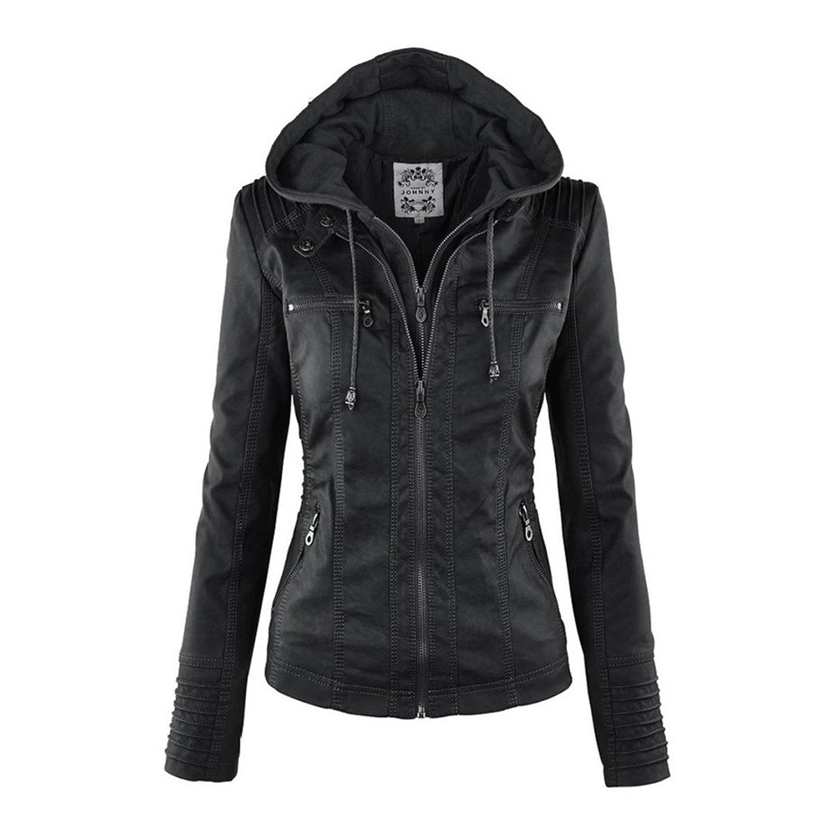Women's Hooded Faux Leather Moto Coat Zip-Up Biker Jacket