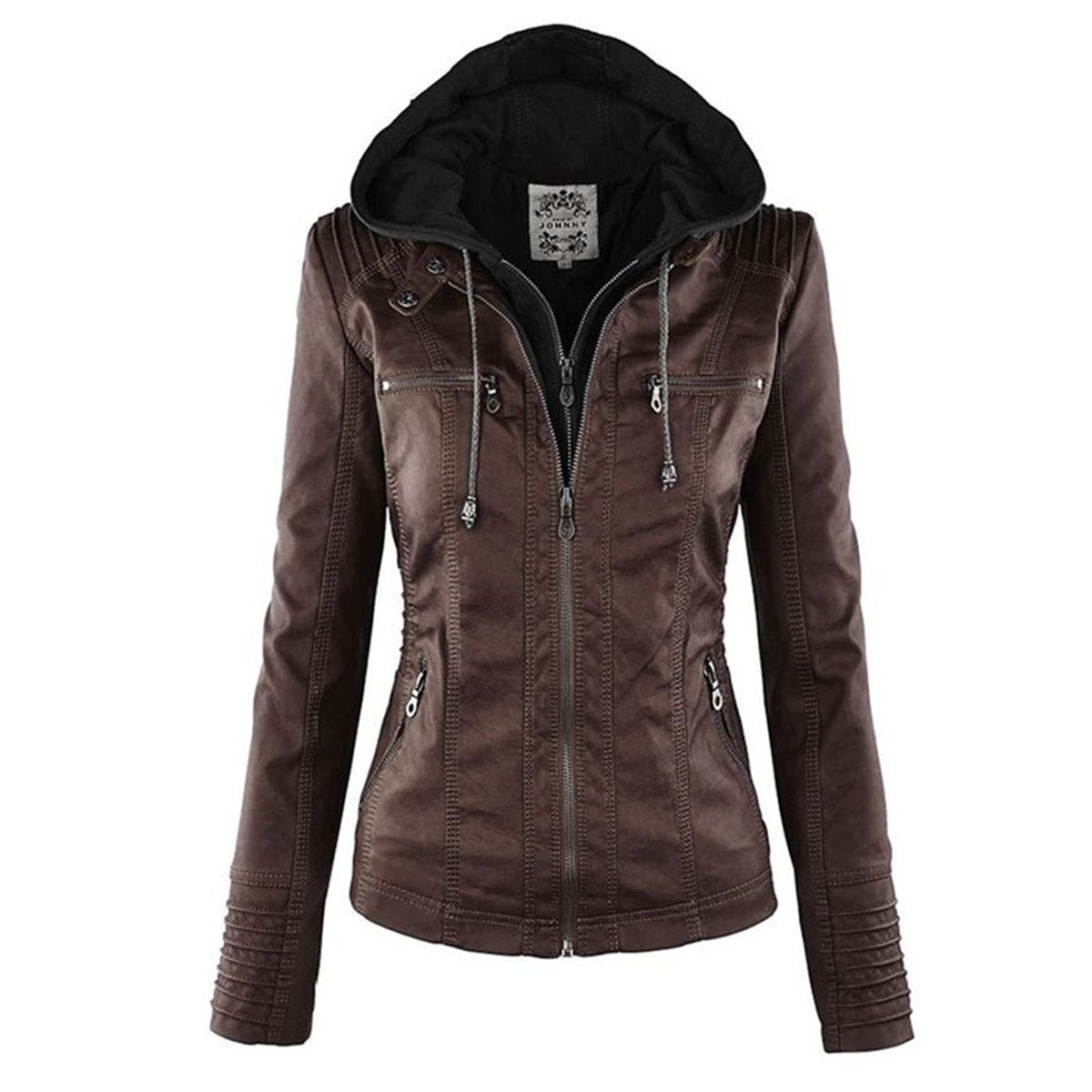 Women's Hooded Faux Leather Moto Coat Zip-Up Biker Jacket