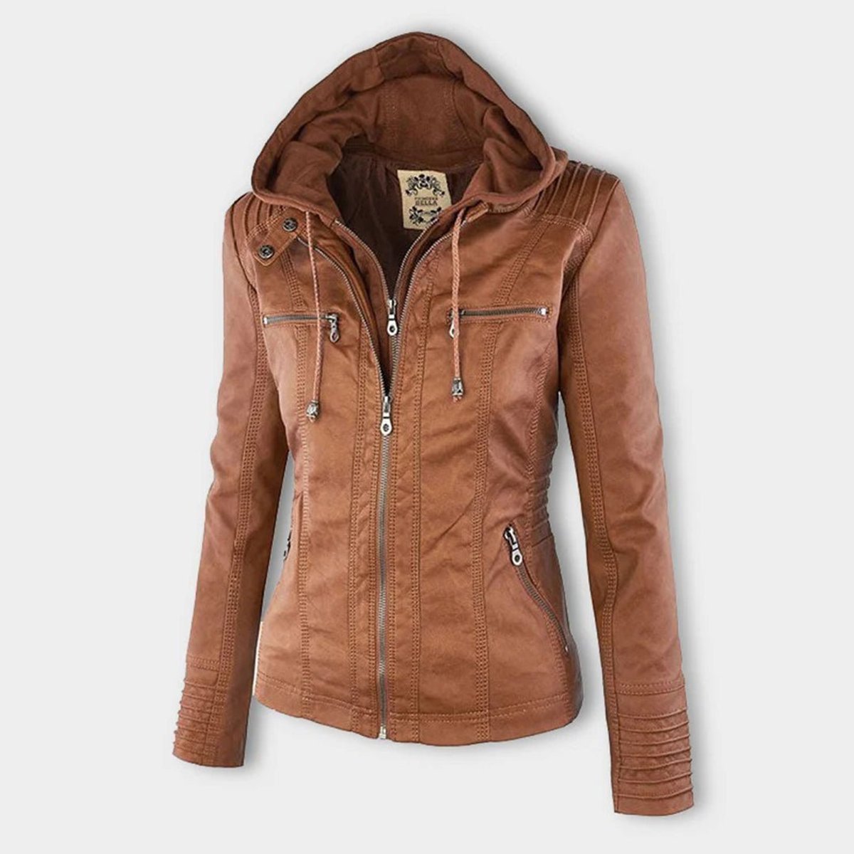 Women's Hooded Faux Leather Moto Coat Zip-Up Biker Jacket