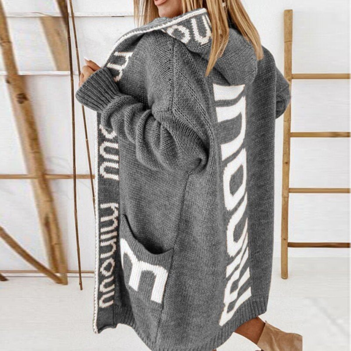 Women's Hooded Open-Front Letter-Knit Cardigan Sweater Coat - Gray