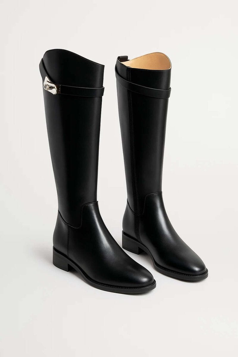 Women's Knee-High Leather-Look Riding Ankle Boots Buckle Detail - Black