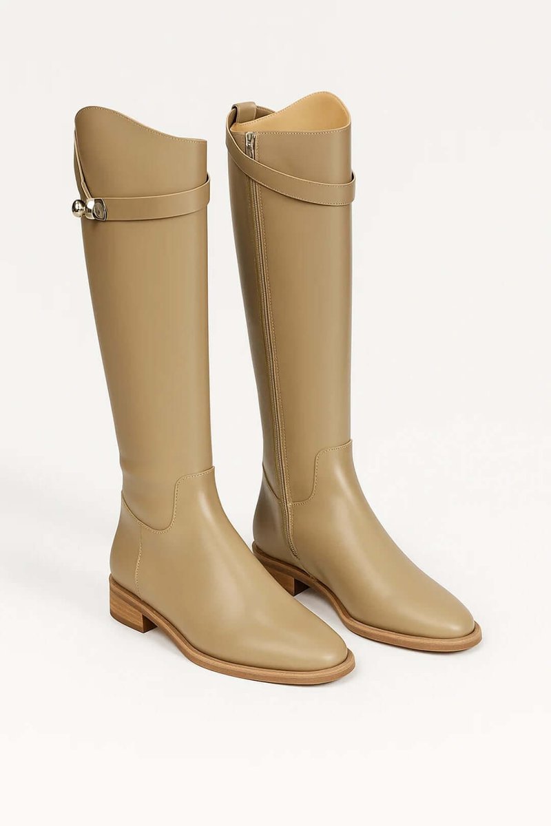 Women's Knee-High Leather-Look Riding Ankle Boots Buckle Detail - Beige