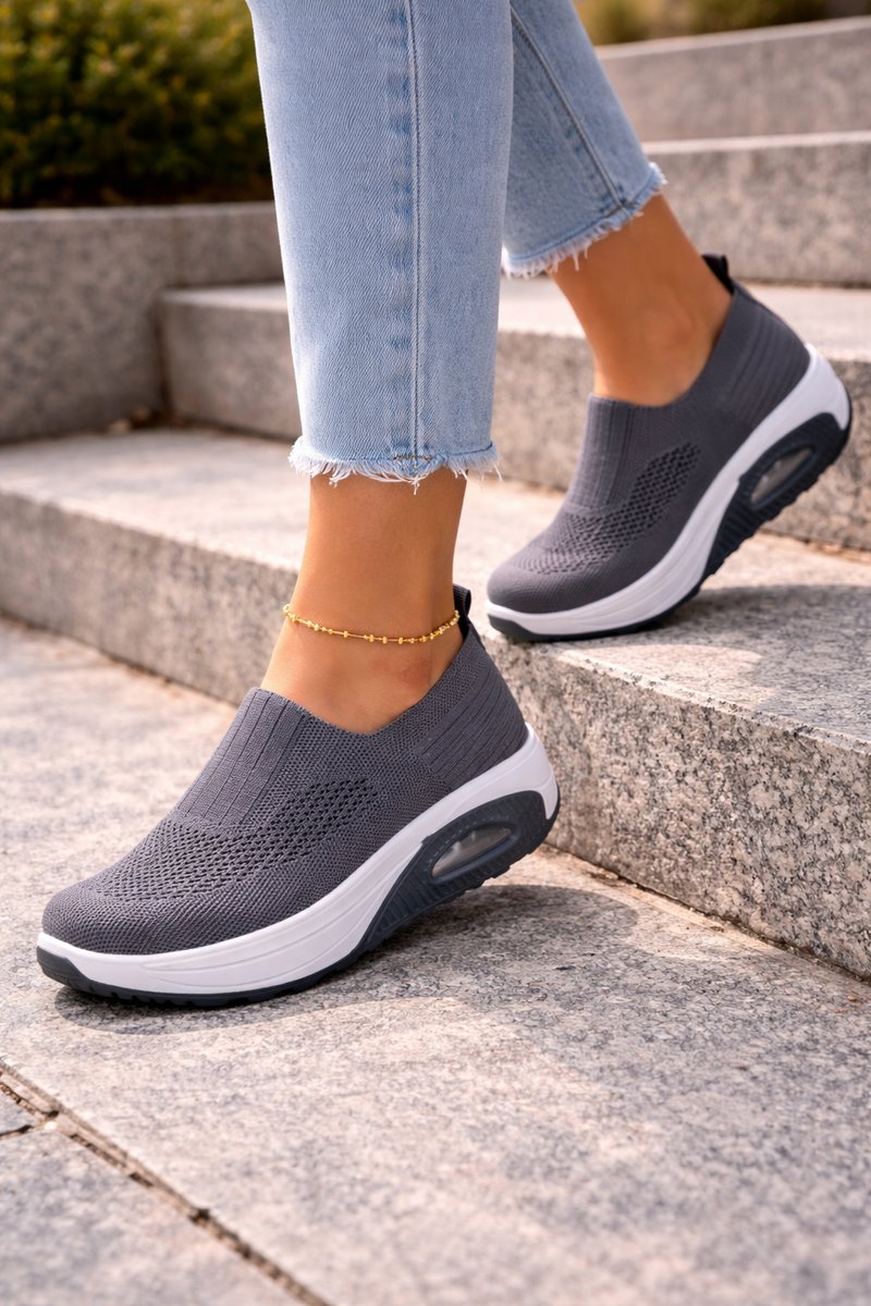 Women's Knit Slip-On Air-Cushion Walking Sneaker Boots - Gray