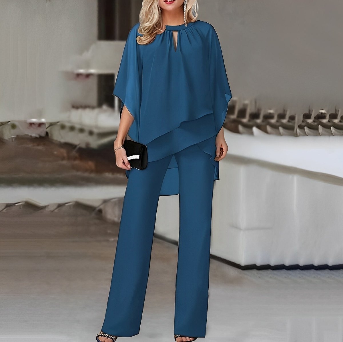 Women's Layered Chiffon Top Wide Leg Pants Two-Piece Set - Sapphire Blue