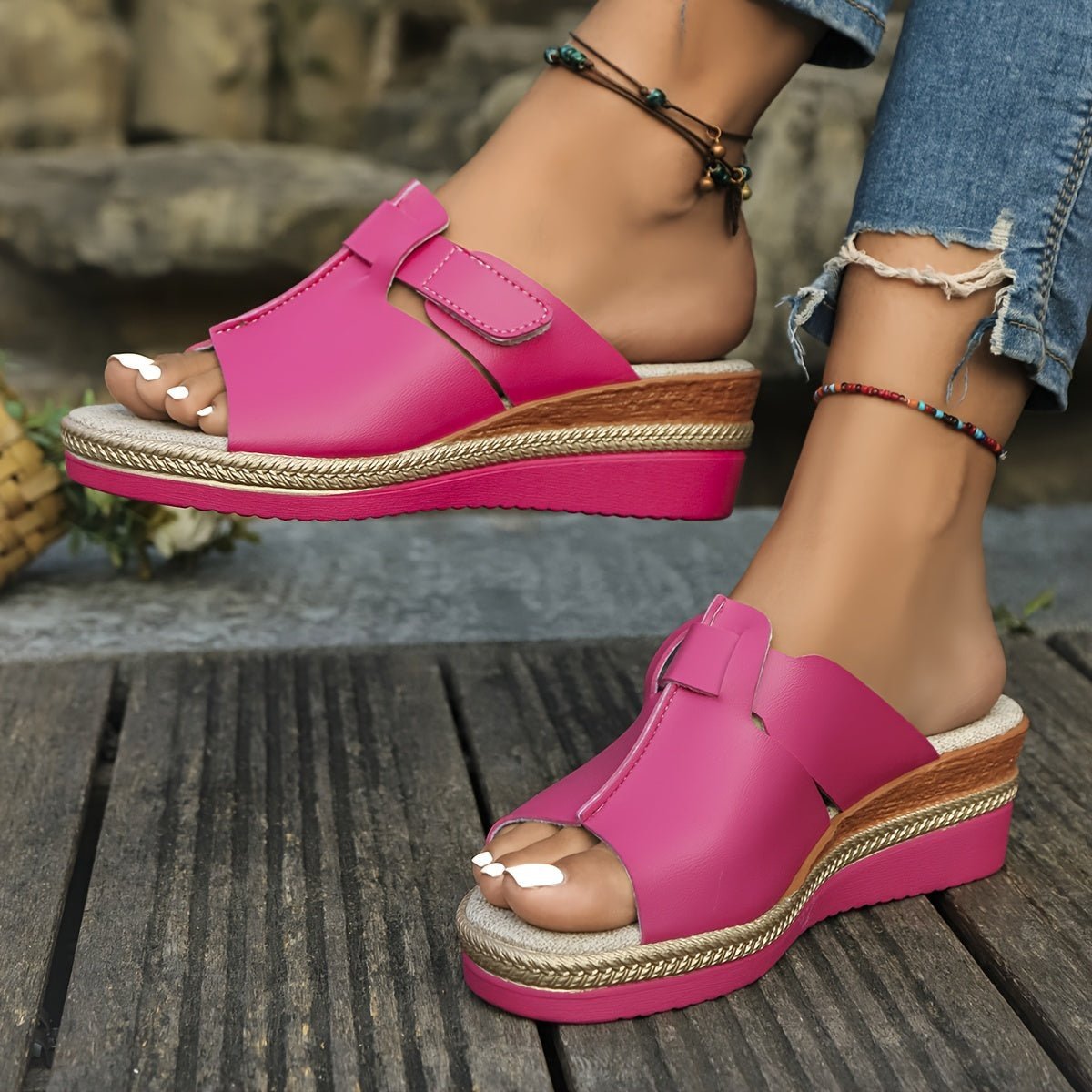 Women's Open-Toe Velcro Wedge Comfortable Sandals - Magenta