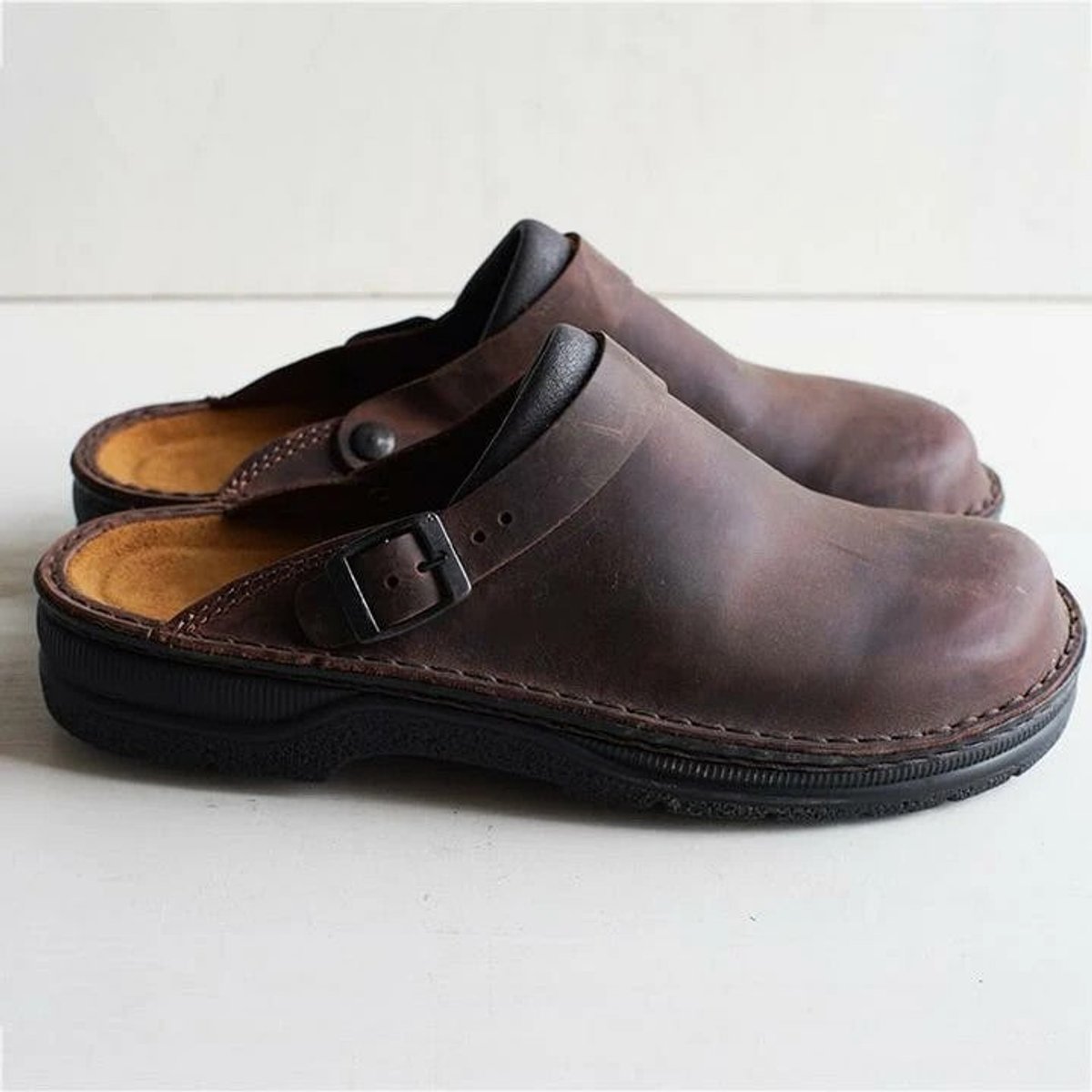 Women's Orthopedic Buckle-Strap Leather Slip-On Clogs - Dark Brown
