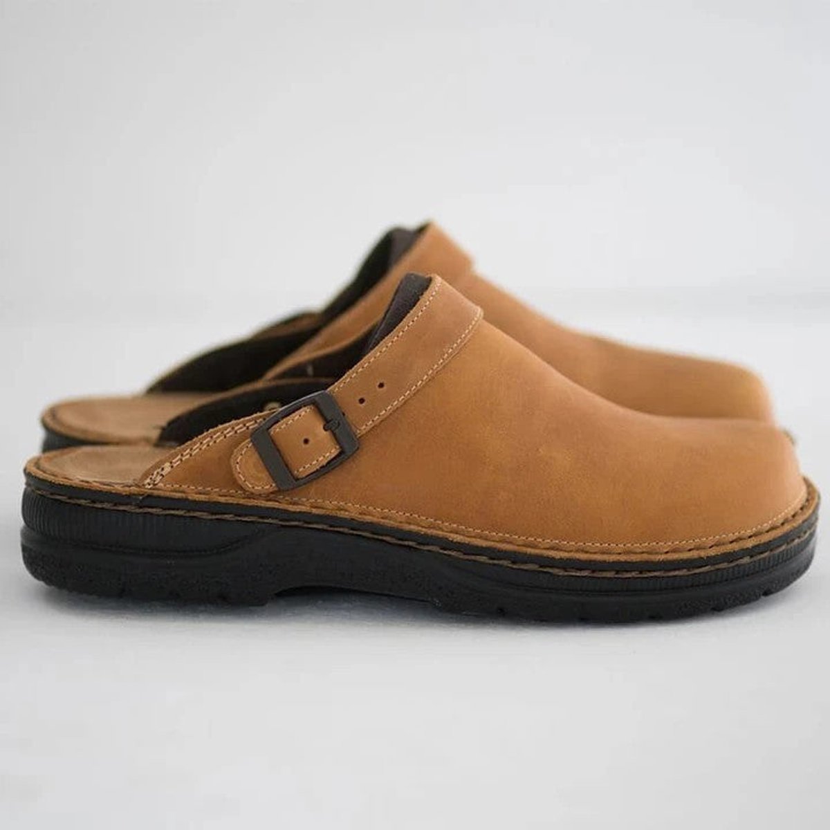 Women's Orthopedic Buckle-Strap Leather Slip-On Clogs - Brown