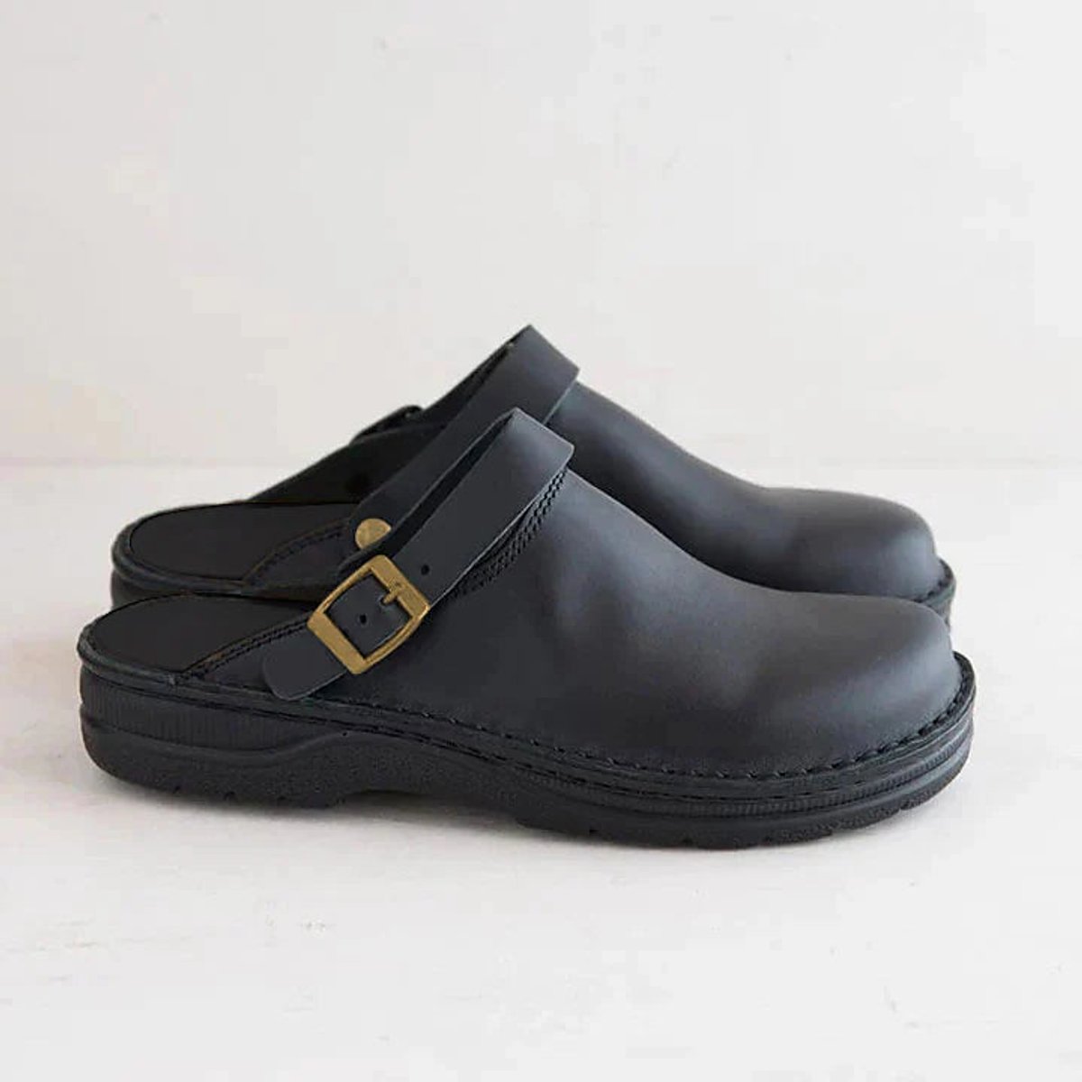 Women's Orthopedic Buckle-Strap Leather Slip-On Clogs - Black