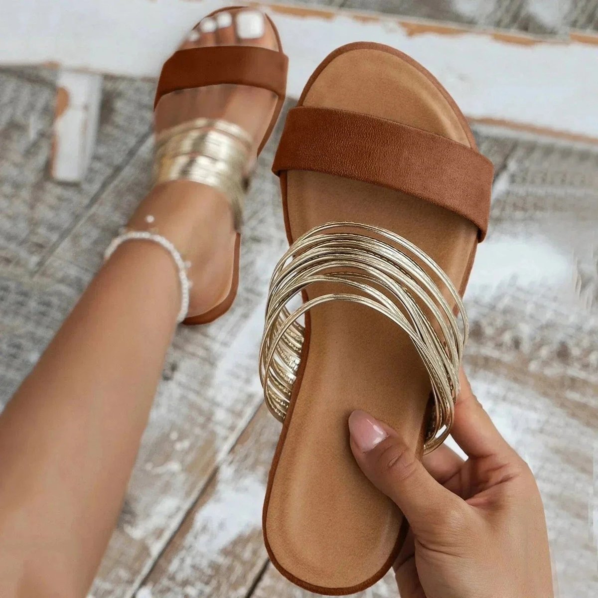 Women's Orthopedic Cushioned Slip-On Comfortable Sandals Gold Metallic Strap - Chestnut Brown