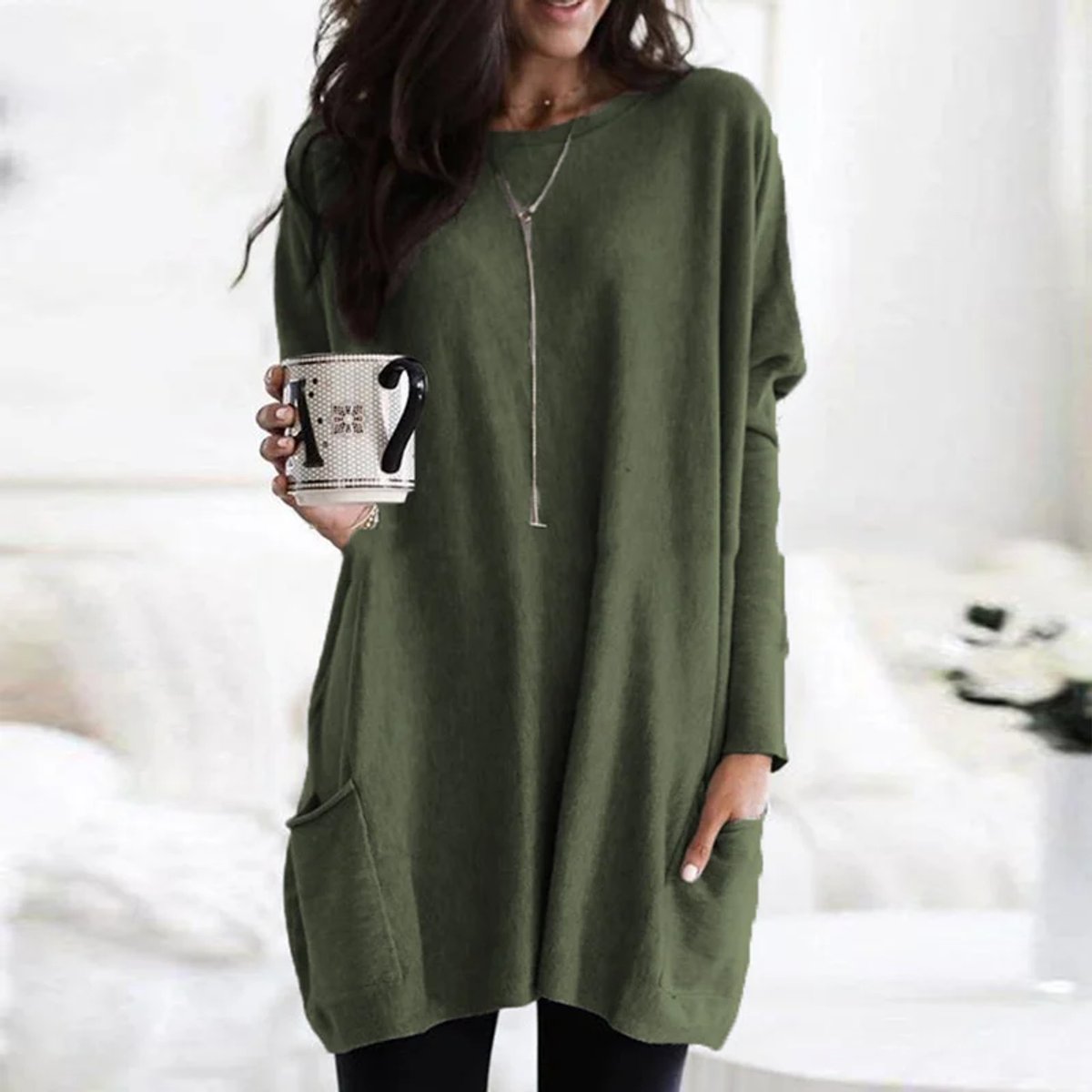 Women's Oversized Long Sleeve Pocket Tunic Top - Olive Green