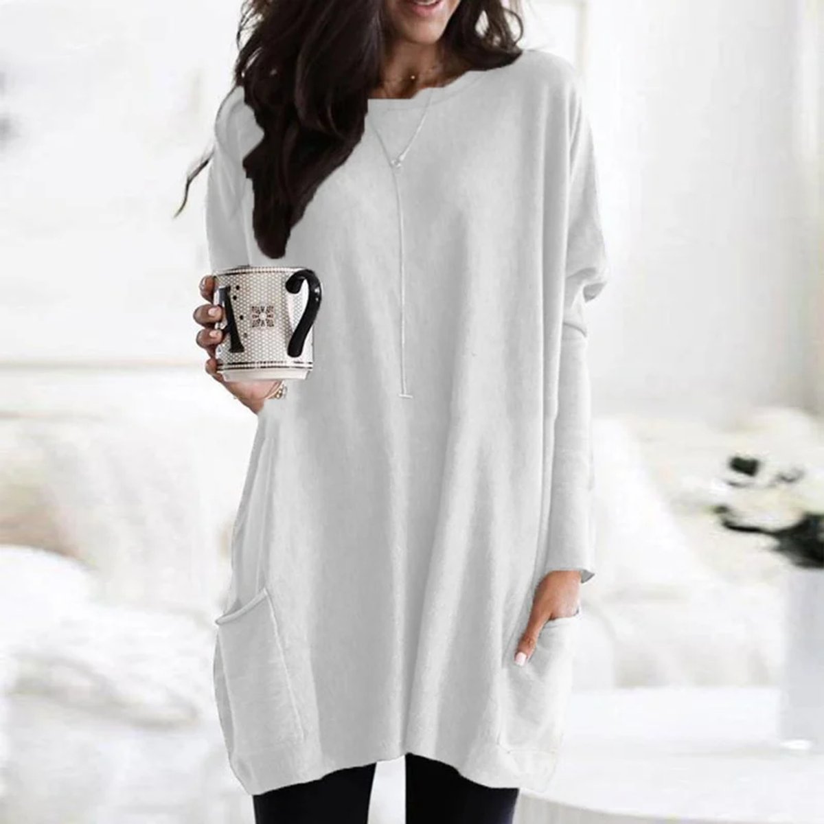 Women's Oversized Long Sleeve Pocket Tunic Top - White