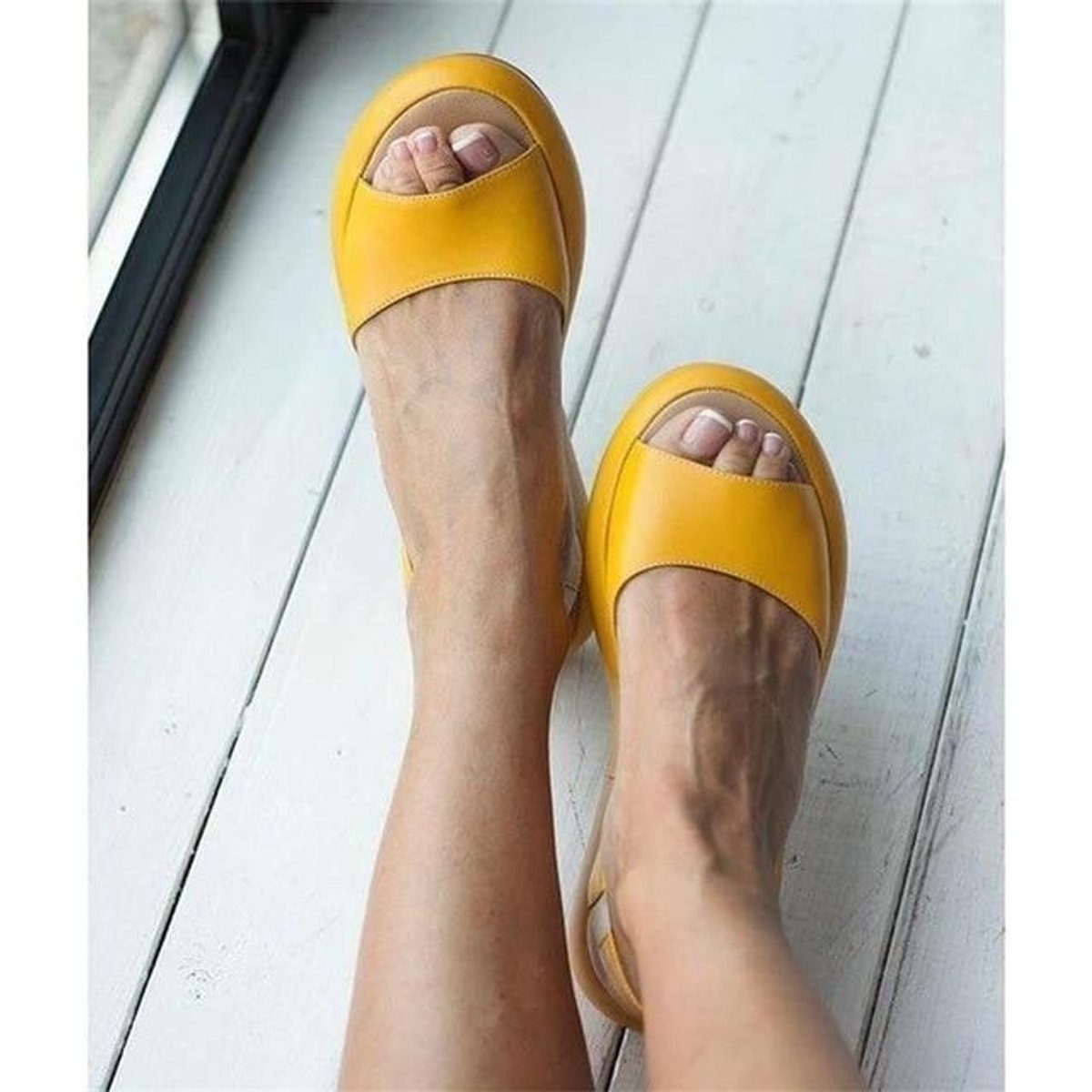 Women's Peep Toe Cushioned Flat Comfortable Sandals Slingback - Yellow