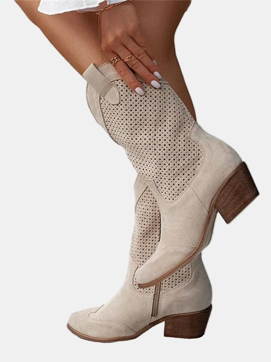 Women's Perforated Suede Mid-Calf Knee High Boots Block Heel - Beige