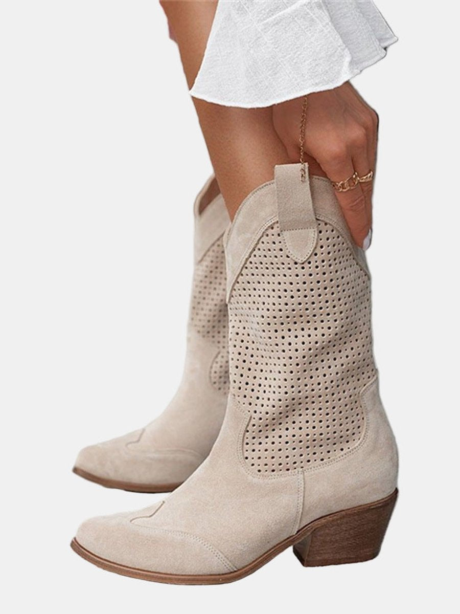 Women's Perforated Suede Mid-Calf Knee High Boots Block Heel